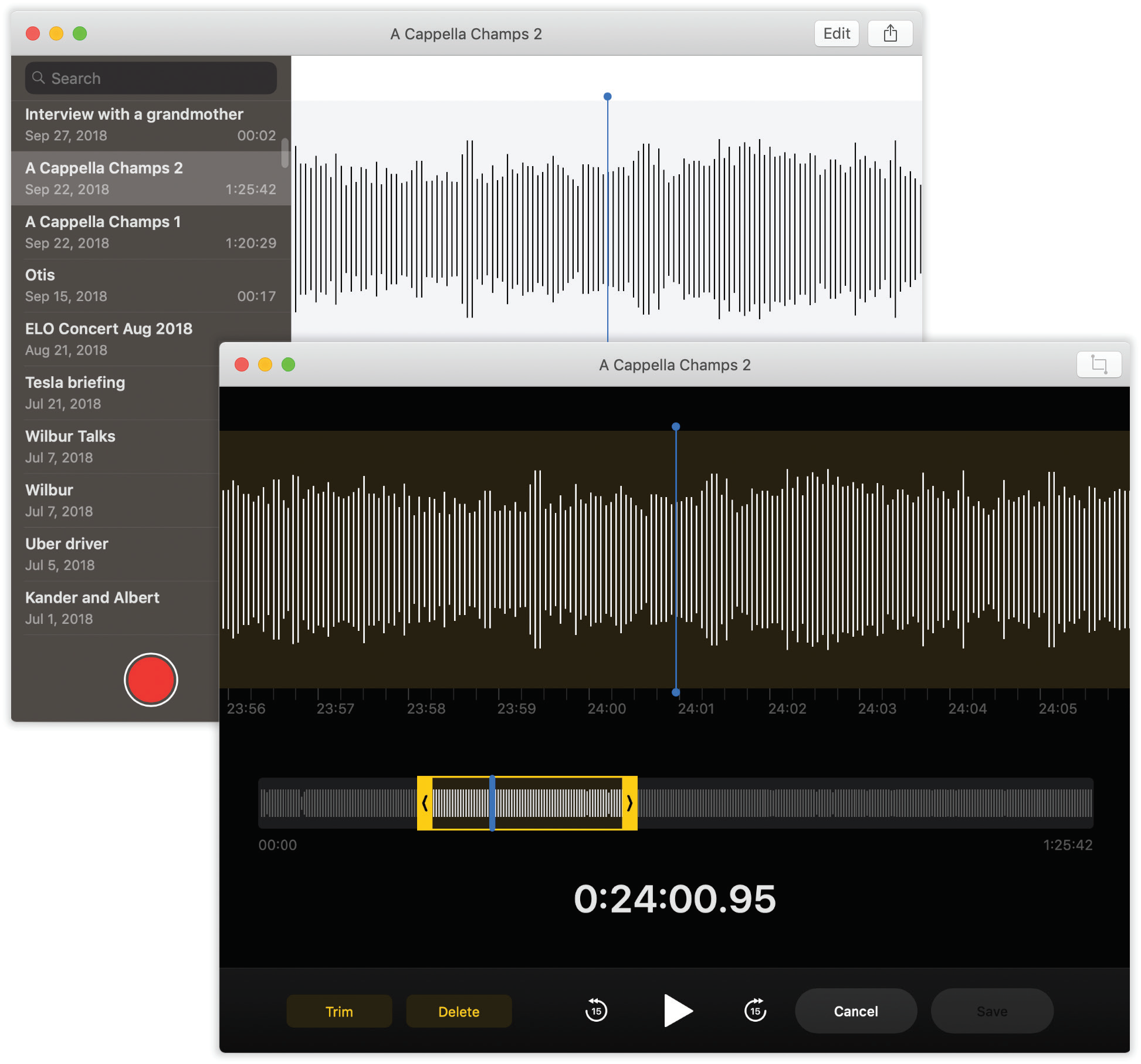 Left: You can make very long recordings with Voice Memos. Let it run all day, if you like. Even your most long-winded friends can be immortalized. Right: You can edit one of your recordings in this window. Hack something out of the middle, trim either end, or record new stuff onto the end.
