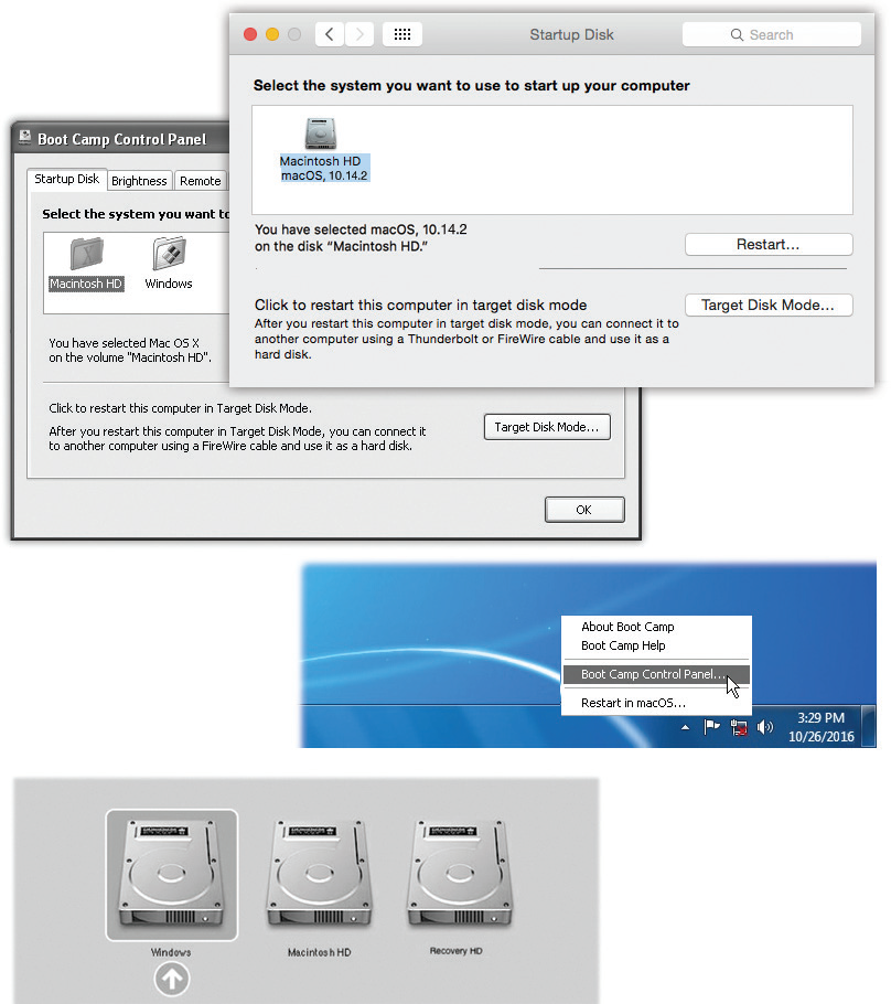 Top: To choose your preferred operating system—the one that always starts up unless you intervene—choose → System Preferences. Click Startup Disk, and then click the icon for either macOS or Windows. Next, either click Restart (if you want to switch right now) or close the panel. The same controls are available when you’re running Windows.