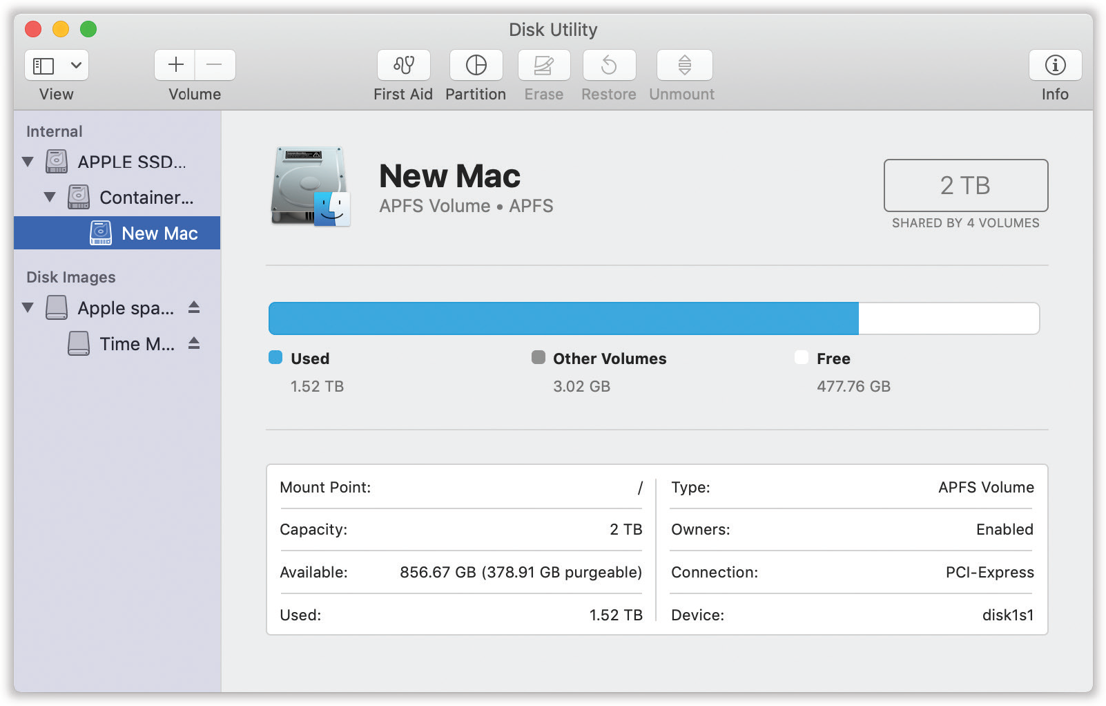 The left Disk Utility panel lists your hard drive and any other disks in or attached to your Mac at the moment.