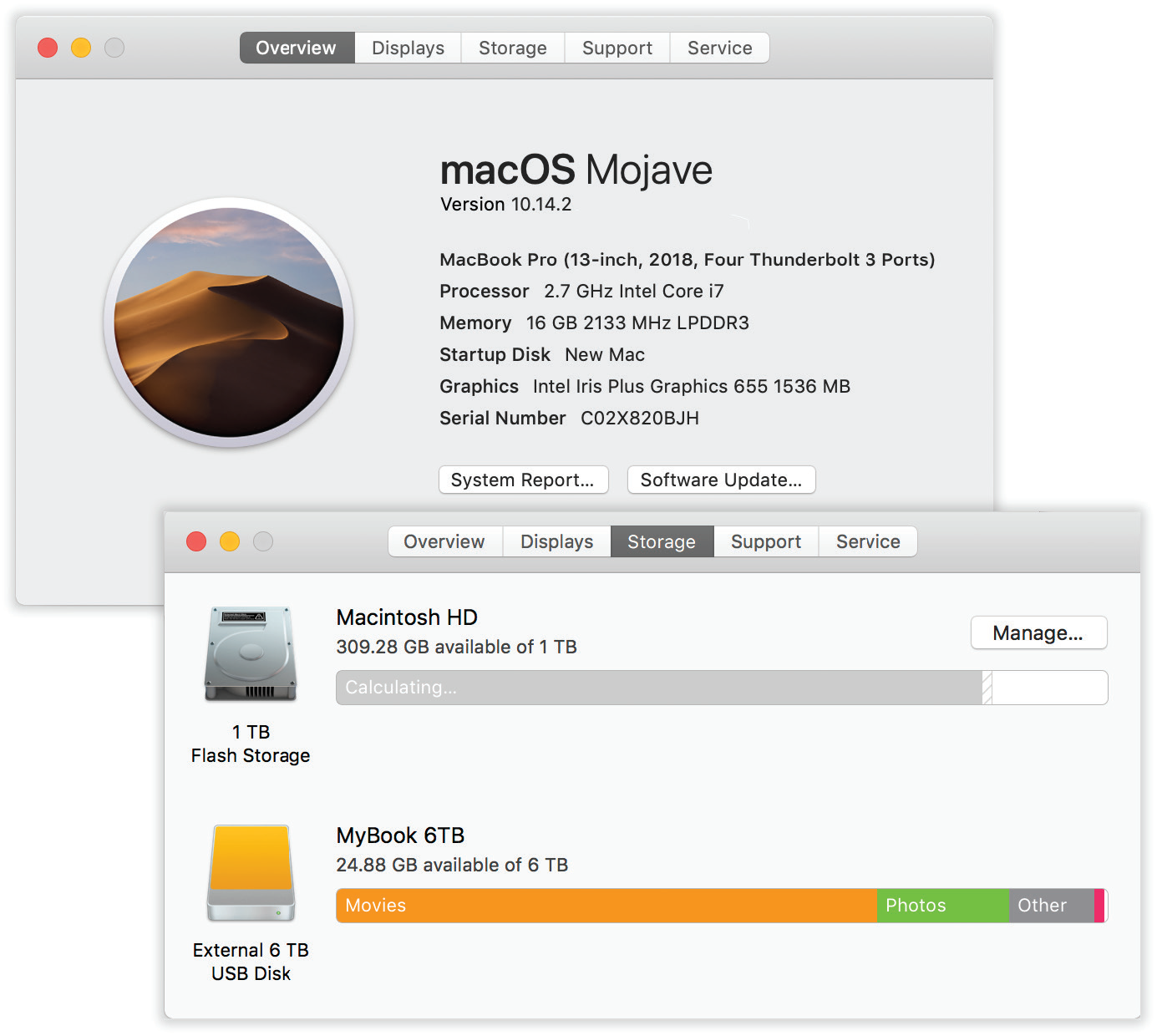 This dialog box gives you a plain-English display of the Mac details you probably care the most about: memory, screen, storage, serial number, macOS version, and so on. (Click the tabs across the top for more details.) To proceed from here to the full System Information program, click System Report.