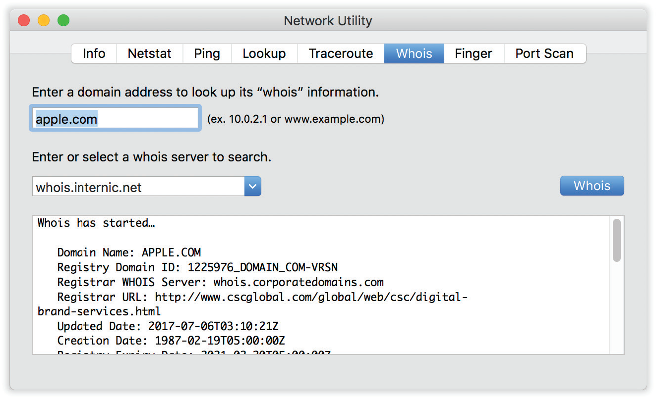The whois tool is a powerful part of Network Utility. First enter a domain that you want information about, and then choose a whois server (you might try whois.internic.net). When you click the Whois button, you get a surprisingly revealing report about the owner of the domain, including phone numbers and contact names.