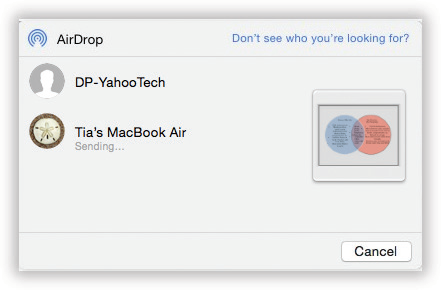The icons of nearby AirDrop-friendly Apple gadgets and Macs show up in this fun-sized window. You’ve already said what you want to send; now you just have to specify who gets it. Click the destination device’s icon and then click Send.