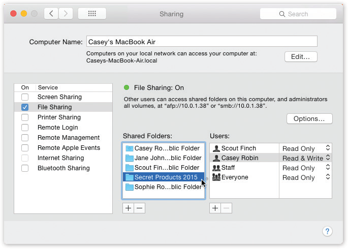 Hiding in System Preferences is a list of every disk and folder you’ve shared. To stop sharing something, click it and then click the — button. To share a new disk or folder, drag its icon off the desktop, or out of its window, directly into the Shared Folders list.