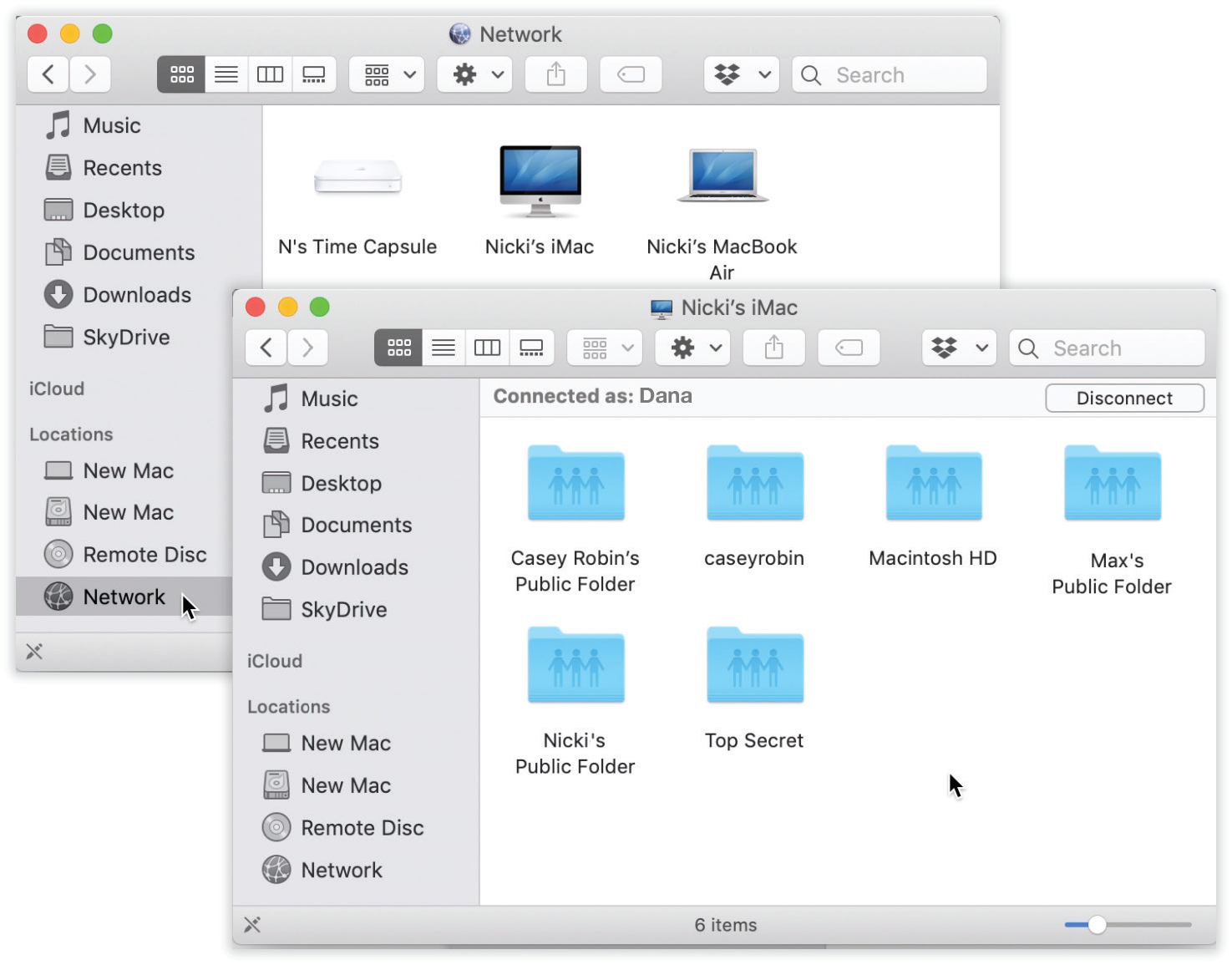Top: Click Network in the Sidebar. Macs appear in the Sidebar with whatever names they’ve been given in System Preferences → Sharing. Their icons usually resemble the computers themselves.