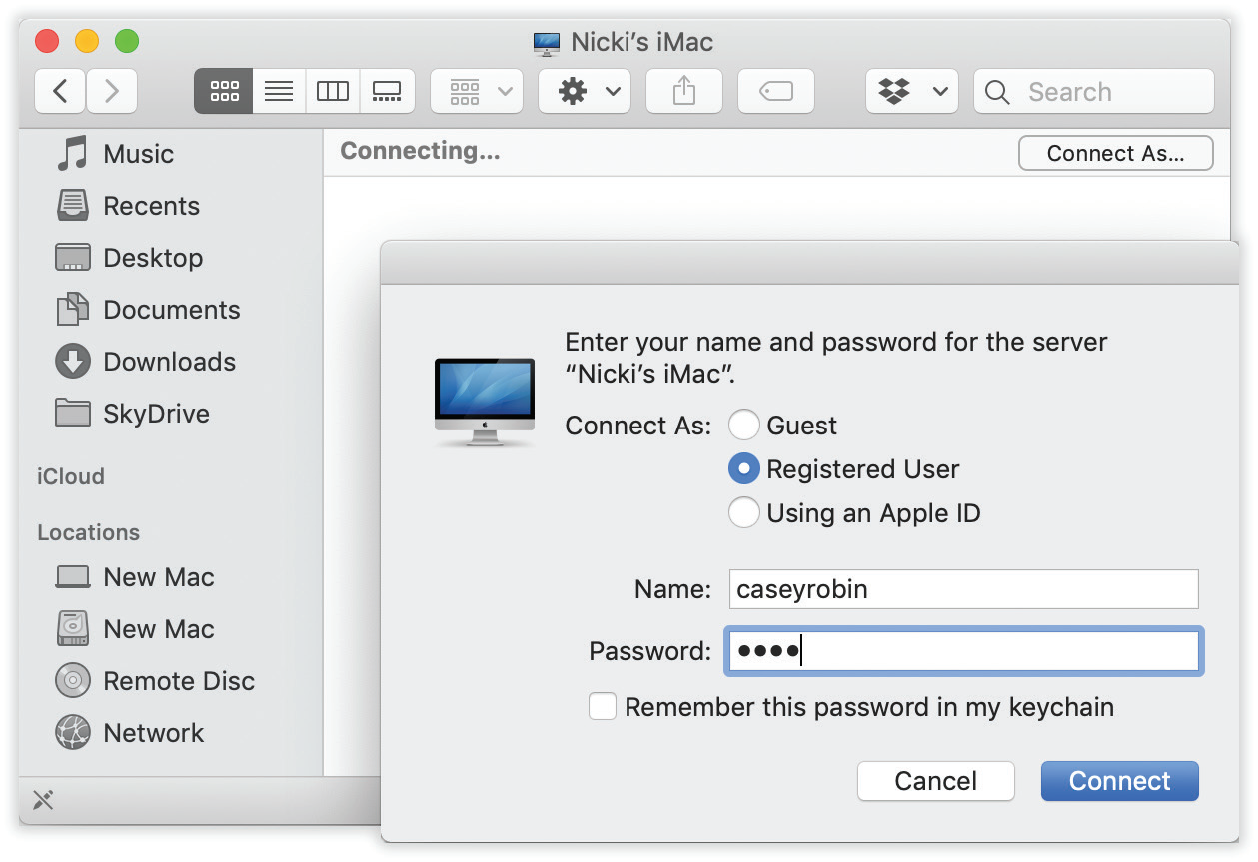 You can sign into your account on another Mac on the network (even while somebody else is using that Mac in person). Click “Connect as” and then enter your name and password. Turn on “Remember this password in my keychain” to speed up the process for next time. The Change Password button lets you change your account password on the other machine. No matter which method you use to connect to a shared folder or disk, its icon shows up in the Sidebar.