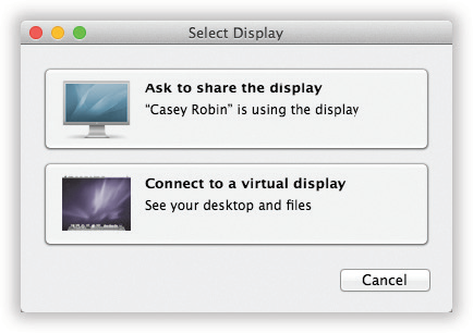 The Mac wants to know if you want to view or control the screen that’s in use right now by whomever’s using the Other Mac—or if you want to use the “virtual display” option, where you take control of your account on the Other Mac without disturbing the totally different activity of whomever is seated there.