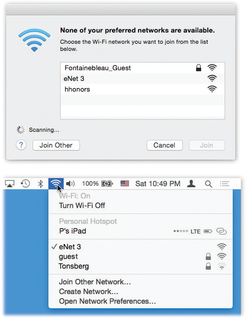 Top: Congratulations—your Mac has discovered new Wi-Fi hotspots all around you! You even get to see the signal strength right in the menu. Double-click one to join it. But if you see a icon next to the hotspot’s name, beware: It’s been protected by a password. If you don’t know it, then you won’t be able to connect.