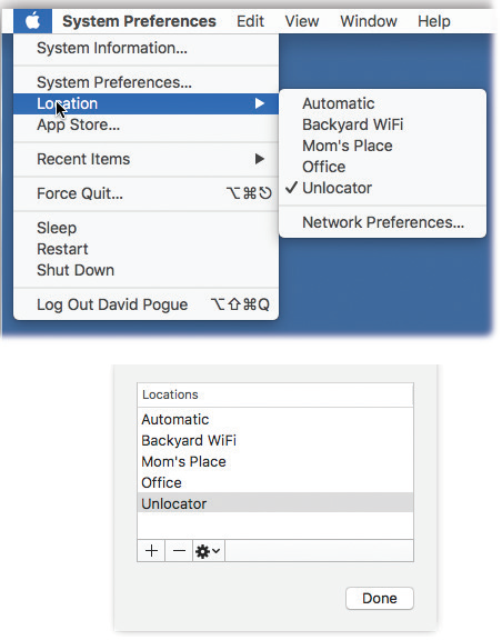 Top: The Location feature lets you switch from one “location” to another by choosing its name—either from the menu or from an identical pop-up menu that appears in the Network pane of System Preferences.