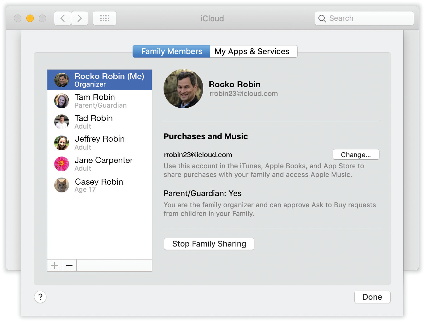 The iCloud pane of System Preferences is the central hub of Family Sharing planning. The setup process involves a bunch of dialog boxes, but at least you have to walk through them only once.