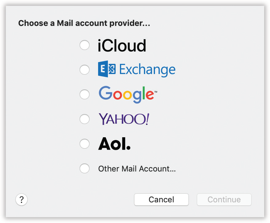 This dialog box lets you plug in the email settings provided by your internet service. If you want to add another email account later, choose Mail → Add Account and then enter your information in the resulting dialog box. (Or, if you like doing things the hard way, choose Mail → Preferences → Accounts tab, click the + in the lower-left corner of the window, and then enter your account information in the fields on the right.)