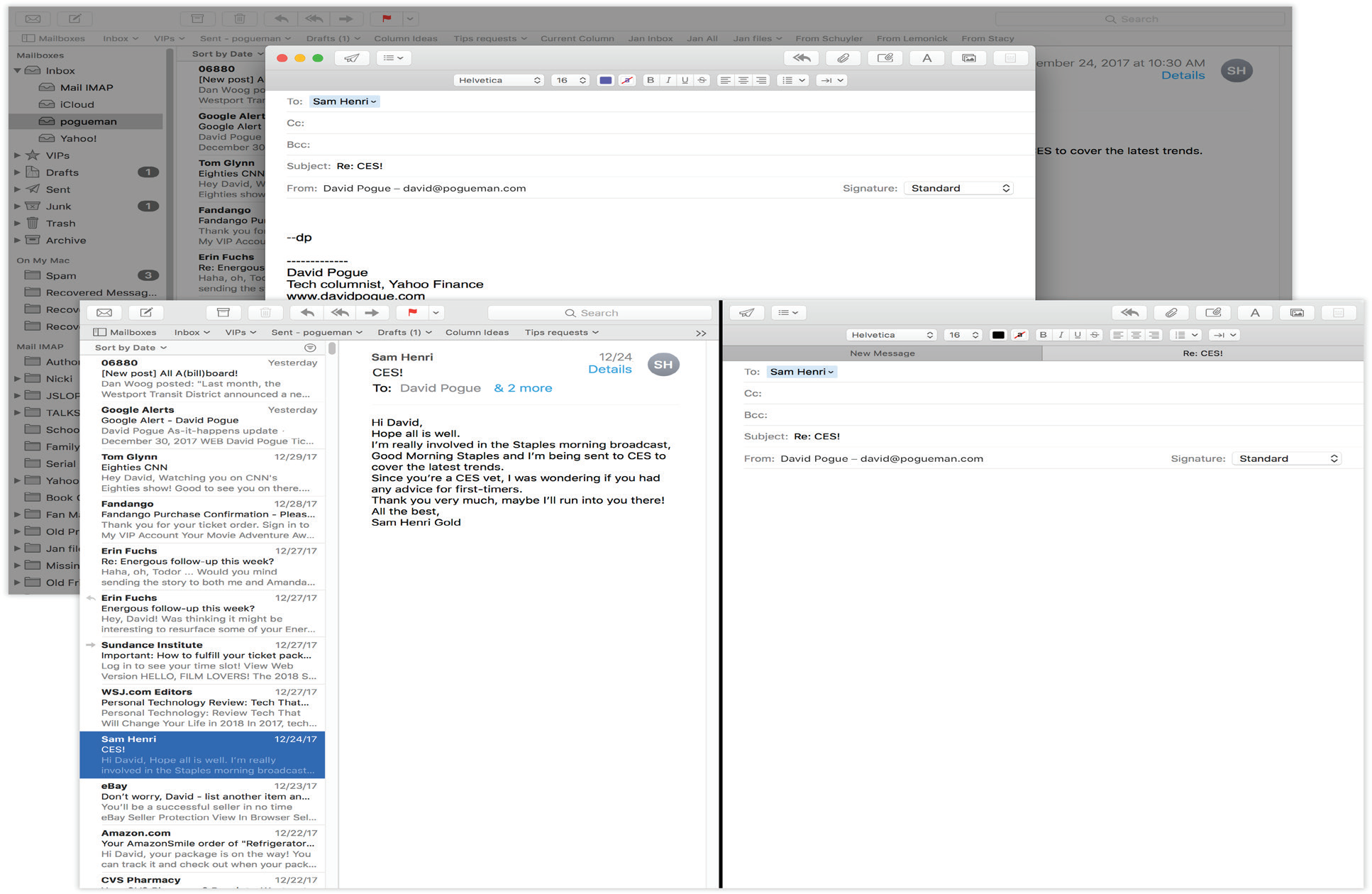 In Full Screen mode, a new outgoing message or reply usually floats in a window on top of the rest of the Mail program (top). That can be frustrating, because you can’t refer to any other messages while writing.