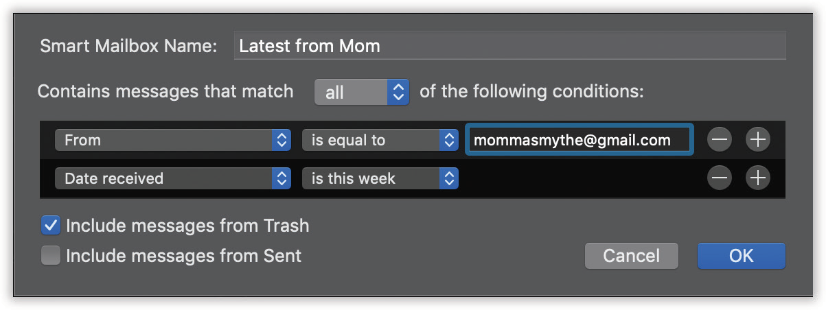 Mail lets you create self-populating folders. In this example, a smart mailbox will automatically display all messages from Momma Smith that you’ve received in the past week.