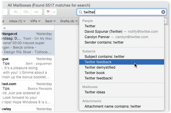You can jump to the search box by clicking or by pressing Option--F. As you type, Mail shrinks the list of messages—and simultaneously displays a list of suggestions. You can fine-tune your results using the mailbox buttons you’ve installed on the Favorites bar. To return to the full messages list, click the tiny at the right side of the search box.