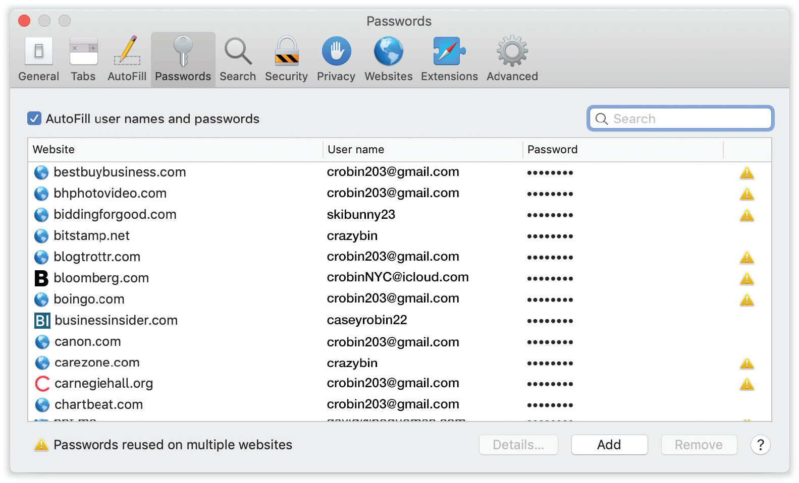 Choose Safari → Preferences → Passwords (and then enter your Mac password) to see the passwords Safari has memorized. Click a row to view the corresponding password.
