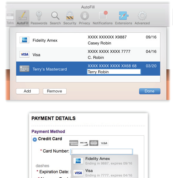 Top: Teach Safari your credit card details by choosing Preferences → AutoFill. Click Edit to arrive at this list.