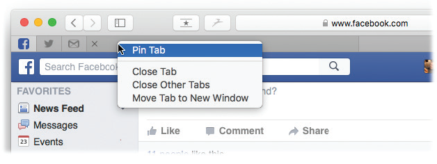 To pin a site, drag an existing tab all the way to the left. Or choose Window → Pin Tab. Or right-click a tab and choose Pin Tab. To remove a pinned tab, drag it to the right, or choose Window → Unpin Tab.