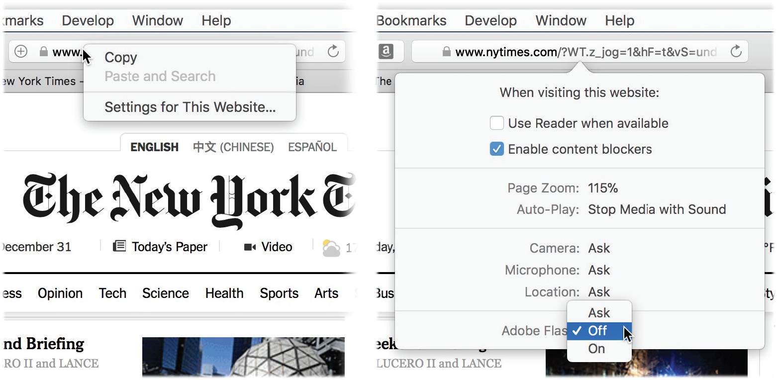 To view the settings Safari can store for each site (right), right-click or two-finger click in the address bar (left).