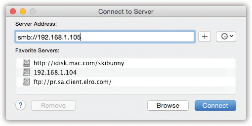 The Connect to Server dialog box lets you type in the IP address for the shared Mac you want to access. (Ensuring that the shared Mac is turned on and connected to the internet is the network administrator’s problem.)