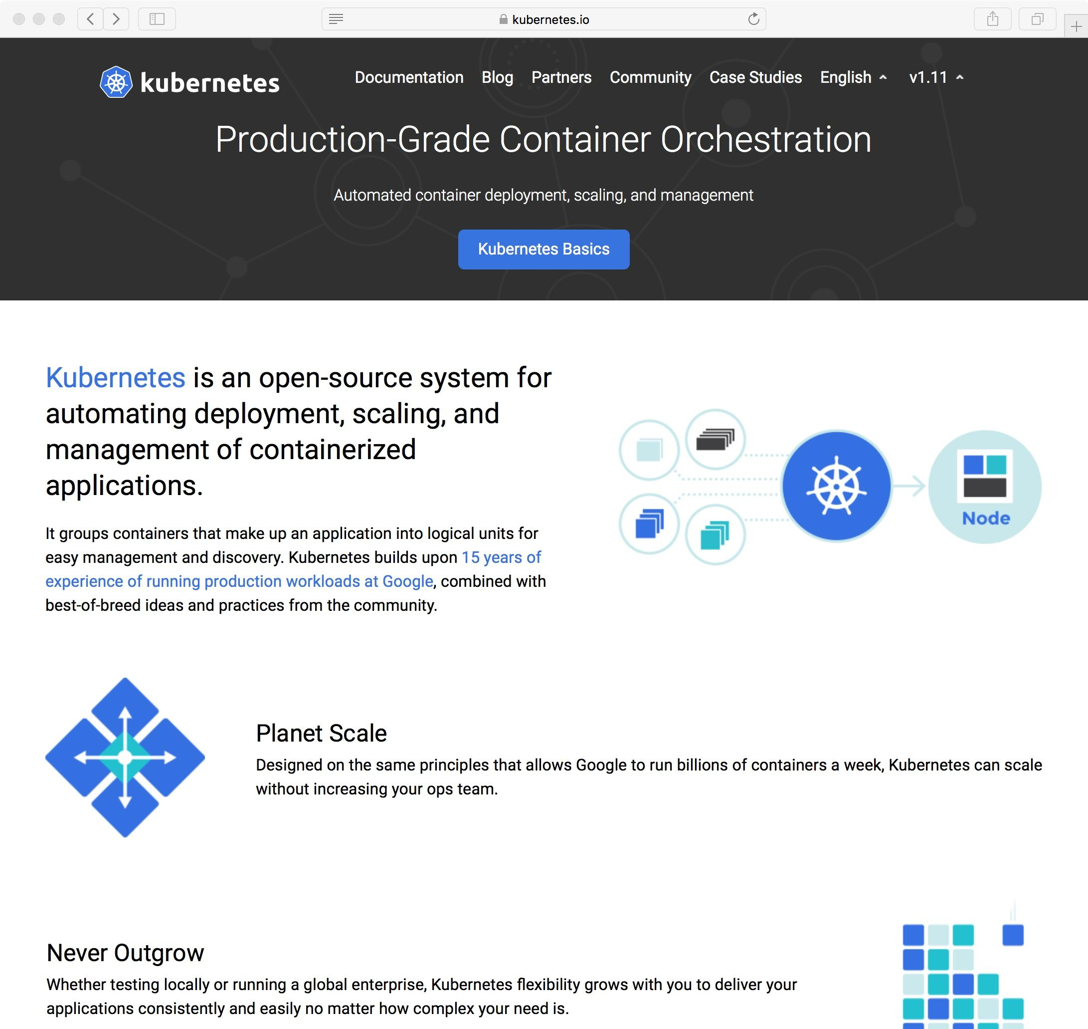 Kubernetes website home page.