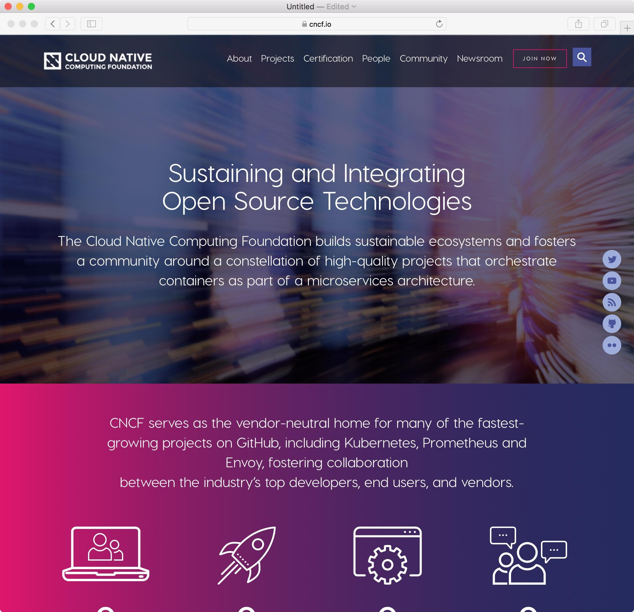 Cloud Native Computing Foundation website home page.