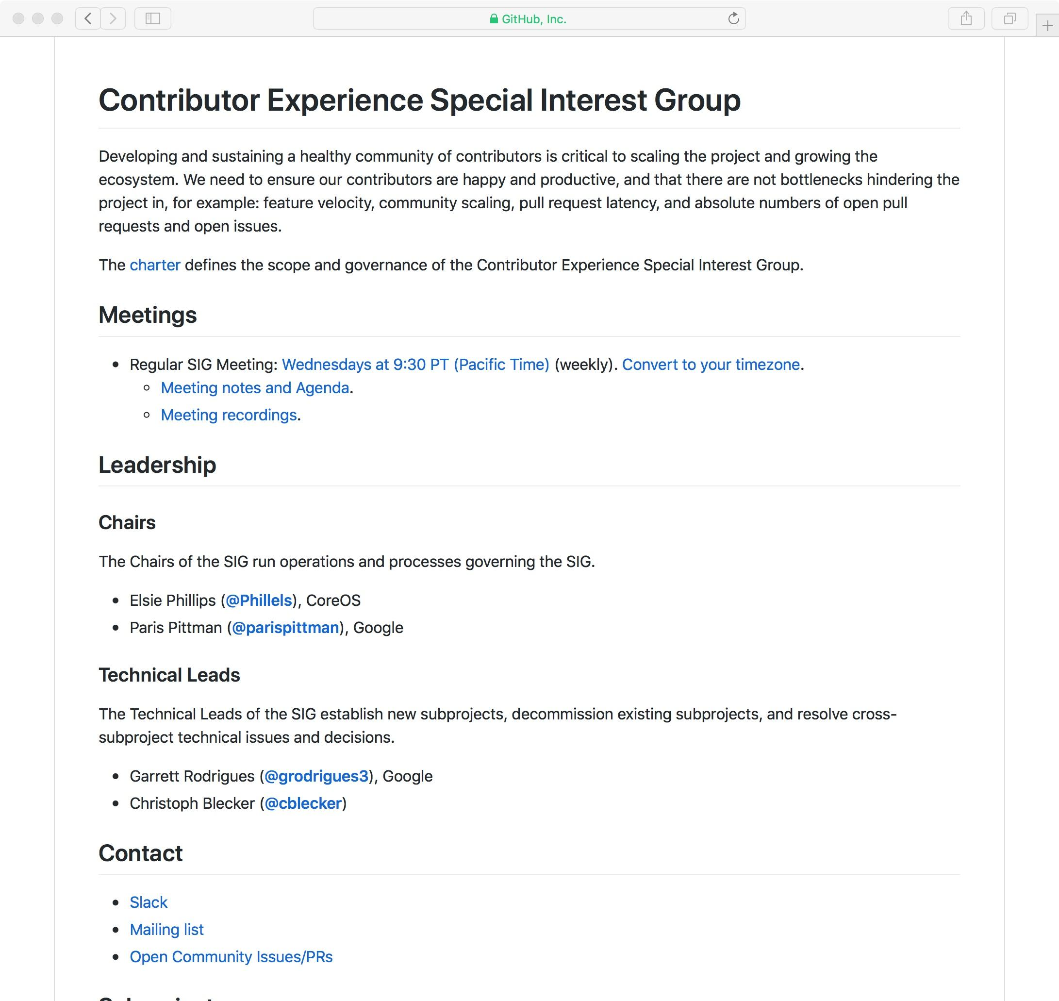 Kubernetes Contributor Experience SIG website home page.