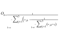$$ {O}_{k = frac{1}{1 + {e}^{-{displaystyle {sum}_{j=1}^3}Big({w}_{j, k} *frac{1}{1 + {e}^{-{displaystyle {sum}_{j=1}^3}left({w}_{j, k}*{x}_i
ight)} }}}} $$