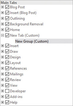 Screenshot of the Main Tabs list with a new custom tab and new custom group.