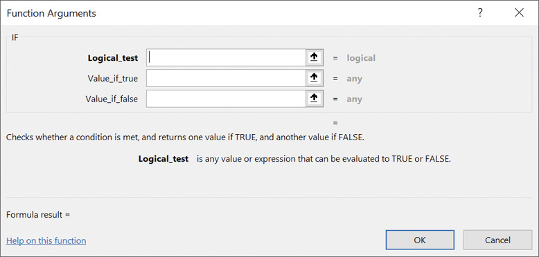 Screenshot of the Function Arguments dialog box ready to create an IF formula.