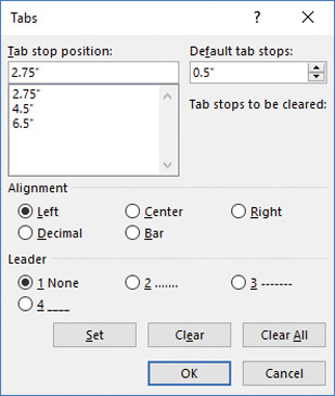 Screenshot of the Tabs dialog box.