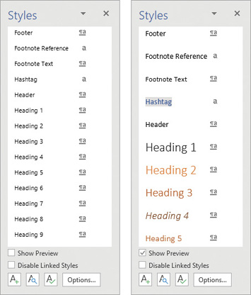 Composite screenshot of two images of the Styles pane, one displaying the simple style list and the other displaying previews of each style in the list.