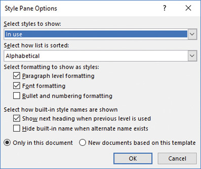 Screenshot of the Style Pane Options dialog box.