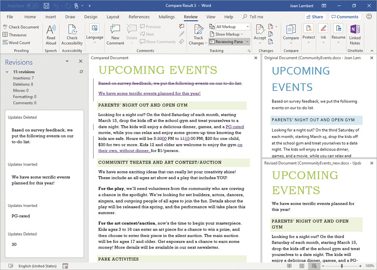 Screenshot of the Word window displaying the Revisions pane, the composite document created when comparing two documents, the original document, and the revised document.