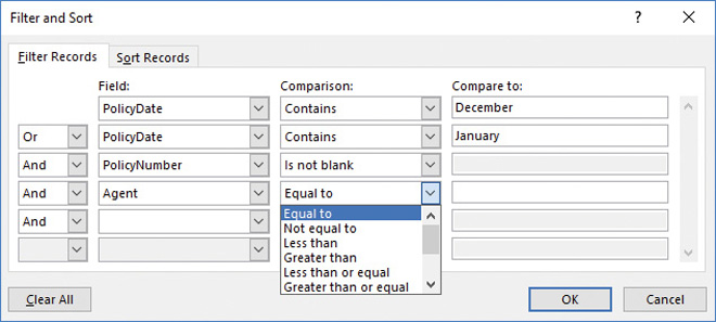 Screenshot of the Filter Records tab of the Filter And Sort dialog box with filters being configured to display records with policy start dates in December or January that have policy numbers and are issued by a specific agent.