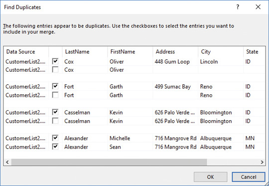 Screenshot of the Find Duplicates dialog box.