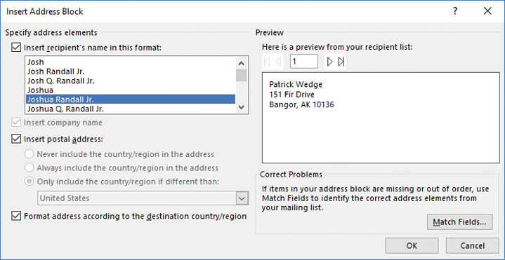 Screenshot of the Insert Address Block dialog box.