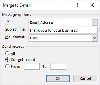 Screenshot of the Merge To E-mail dialog box.