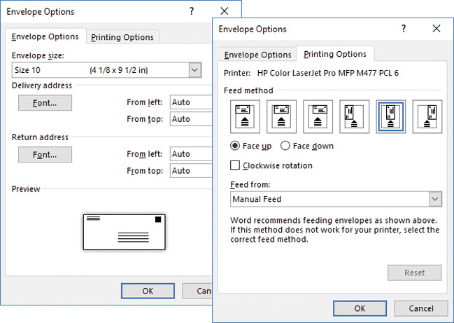 Composite screenshot of the Envelope Options and Printing Options tabs of the Envelope Options dialog box.