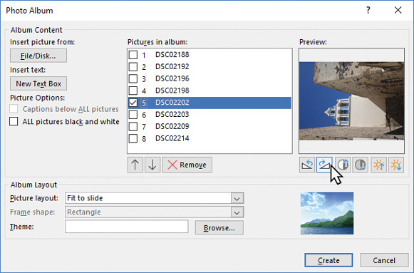 Screenshot of the Photo Album dialog box after importing photos.