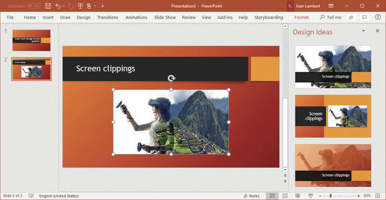 Screenshot of a slide that has a screen clipping on it. The screen clipping is selected, and the Format tool tab for pictures is active.