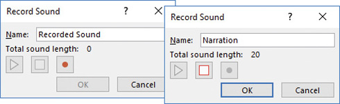 Composite screen shot of the Record Sound dialog box before and while recording an audio clip.