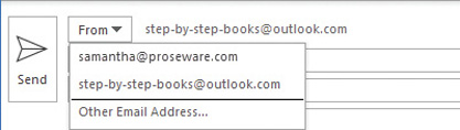 Screenshot of an outgoing message header with the From list expanded to display two email addresses.