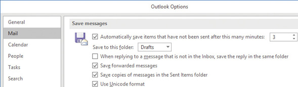 Screenshot of the Save Messages section of the Mail page of the Outlook Options window.