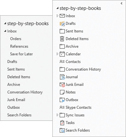 Composite screenshot of the Navigation pane of the Mail module and the Folders list.