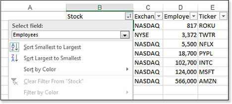 In this figure, the filter drop-down menu for the Stock in B1 is opened. A new feature—Select Field—appears at the top of the menu. Open that drop-down menu to choose a field, such as Employees. Click Sort Smallest To Largest to sort the filtered range by the number of employees.