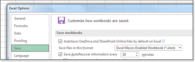 A new option appears in the Save category of Excel Options, which lets you turn off AutoSave by default.