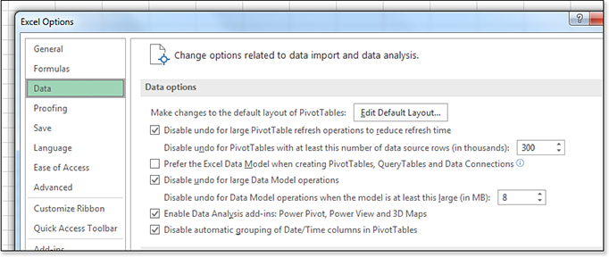 The first option in the Data category for Excel Options is Edit Default Layout.