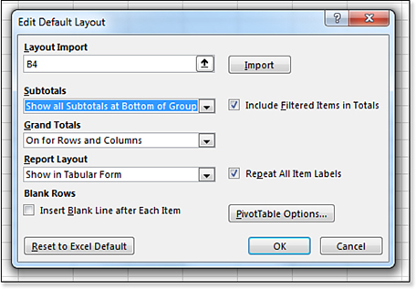 The six settings in the Edit Default Layout are Subtotals, Grand Totals, Report Layout, Include Filtered Items In Totals, Repeat All Item Labels, and Insert Blank Line After Each Item. More settings can be found by clicking the PivotTable Options button in this dialog box.