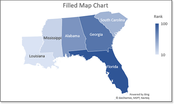 Various shades of blue are used to fill each state. Florida, with the highest rating, appears darkest. South Carolina and Louisiana are lighter, indicating fewer sales.