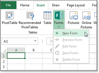 A new Forms icon appears on the Insert tab; Choose New Form from a blank workbook.