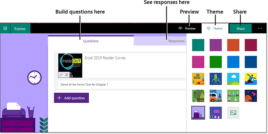 Across the top of the Forms window are choices for Preview, Theme, and Share. Currently, the Theme menu is showing eight color themes, ten graphics themes, and an upload picture icon. The survey itself has two tabs: Questions and Responses. In this figure, the Questions tab is shown. An image of the cover of this book has been added to the title as well as a subtitle, “Demo of the Forms Tool for Chapter 1.”